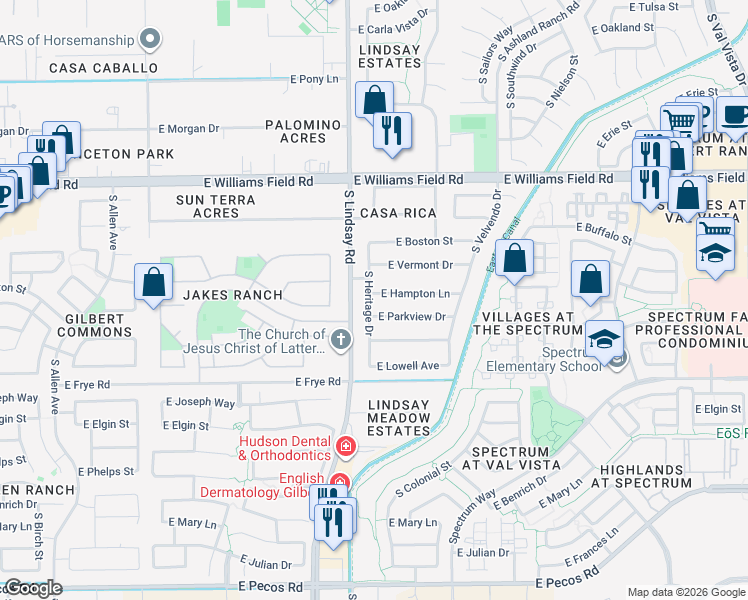 map of restaurants, bars, coffee shops, grocery stores, and more near 851 East Hampton Lane in Gilbert
