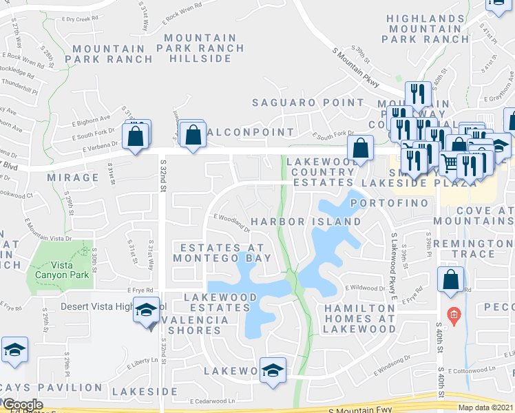 map of restaurants, bars, coffee shops, grocery stores, and more near 15815 South Lakewood Parkway West in Phoenix