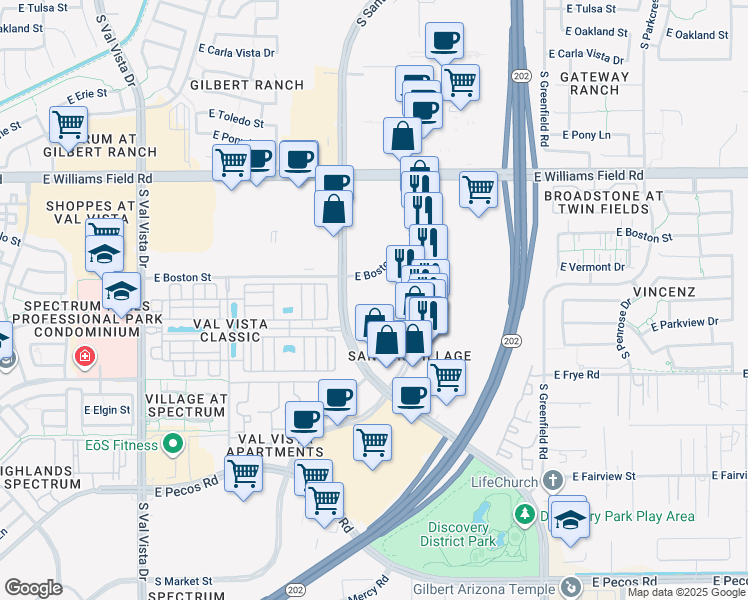 map of restaurants, bars, coffee shops, grocery stores, and more near 2045 East Boston Street in Gilbert