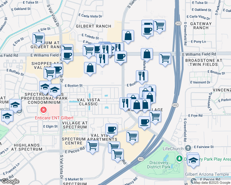map of restaurants, bars, coffee shops, grocery stores, and more near East Vermont Drive in Gilbert