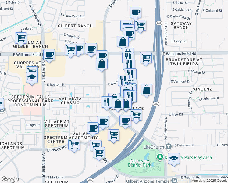 map of restaurants, bars, coffee shops, grocery stores, and more near 2045 East Boston Street in Gilbert