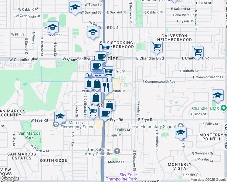 map of restaurants, bars, coffee shops, grocery stores, and more near in Chandler