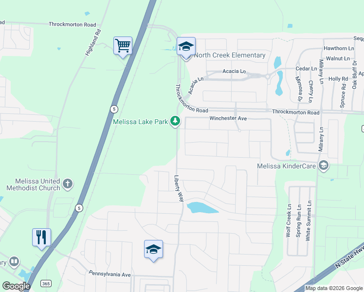 map of restaurants, bars, coffee shops, grocery stores, and more near 4102 Whitetail Lane in Melissa