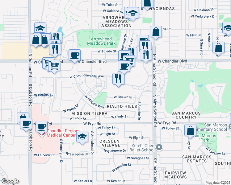 map of restaurants, bars, coffee shops, grocery stores, and more near 1300 West Boston Street in Chandler