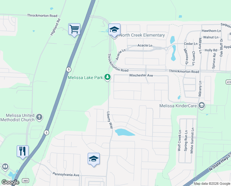 map of restaurants, bars, coffee shops, grocery stores, and more near 4102 Whitetail Lane in Melissa