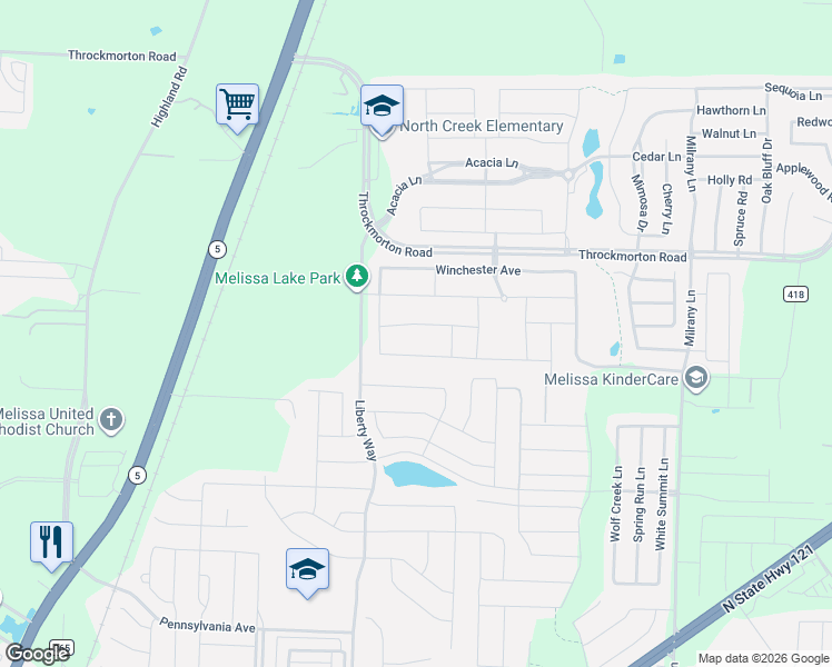 map of restaurants, bars, coffee shops, grocery stores, and more near 4101 Whitetail Lane in Melissa