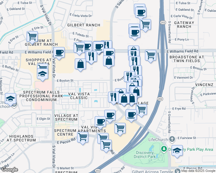 map of restaurants, bars, coffee shops, grocery stores, and more near 2625 South Peppertree Drive in Gilbert
