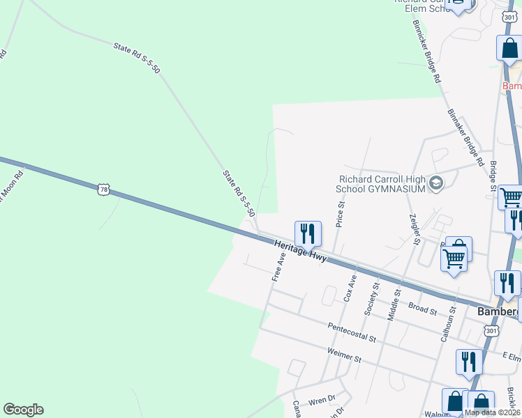 map of restaurants, bars, coffee shops, grocery stores, and more near 73 Thankful Cemetery Road in Bamberg