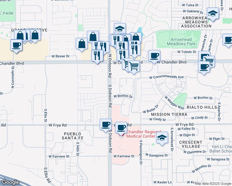 map of restaurants, bars, coffee shops, grocery stores, and more near 77 South Dobson Road in Chandler
