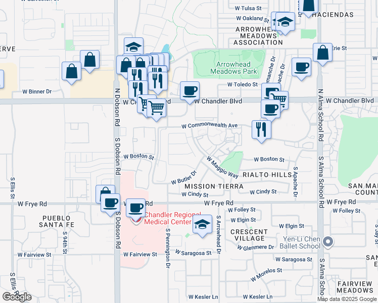map of restaurants, bars, coffee shops, grocery stores, and more near 31 South Ash Drive in Chandler