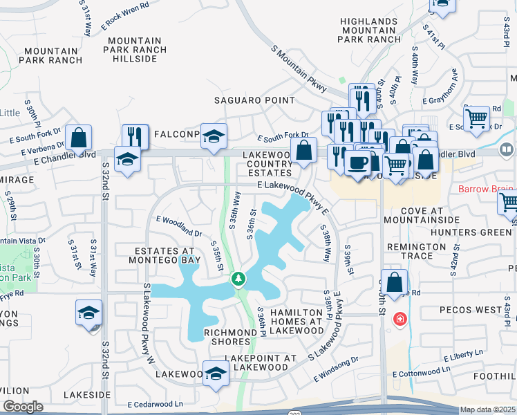 map of restaurants, bars, coffee shops, grocery stores, and more near 3601 East Brookwood Court in Phoenix