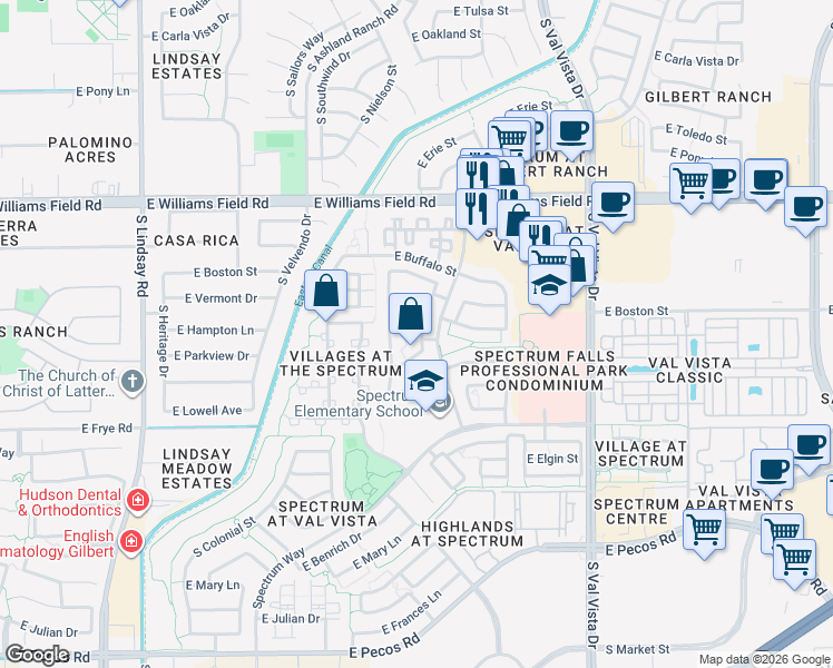 map of restaurants, bars, coffee shops, grocery stores, and more near 1291 East Canyon Creek Drive in Gilbert