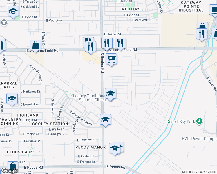 map of restaurants, bars, coffee shops, grocery stores, and more near 2626 South Olympic Drive in Gilbert