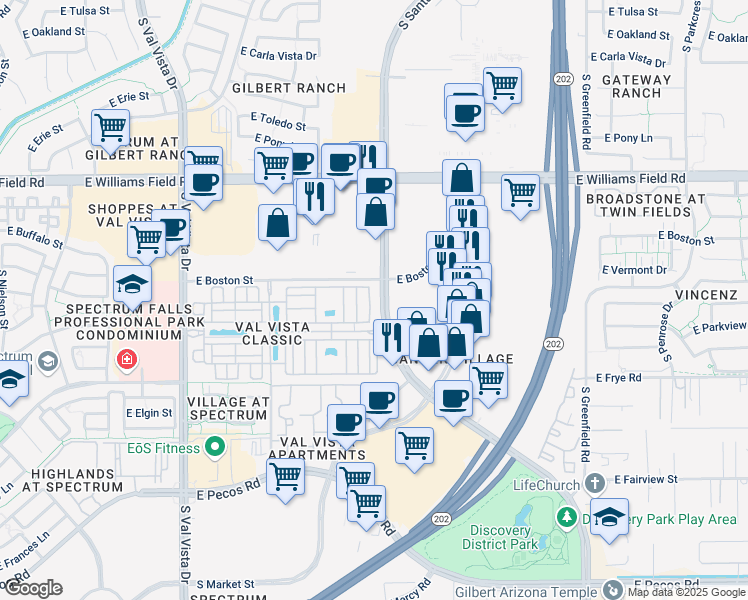 map of restaurants, bars, coffee shops, grocery stores, and more near 2625 South Peppertree Drive in Gilbert