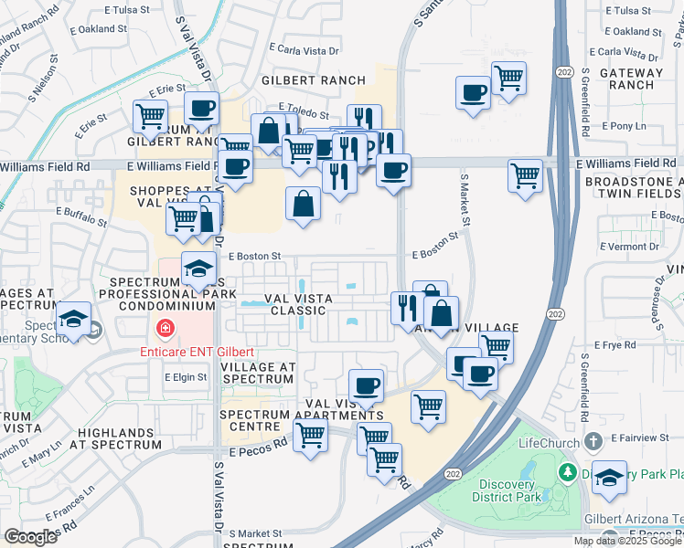map of restaurants, bars, coffee shops, grocery stores, and more near 1850 East Bernie Lane in Gilbert