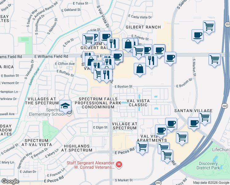 map of restaurants, bars, coffee shops, grocery stores, and more near 2618 South Harmony Avenue in Gilbert