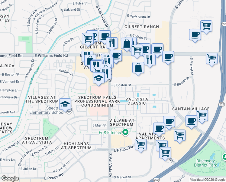 map of restaurants, bars, coffee shops, grocery stores, and more near 2618 South Harmony Avenue in Gilbert