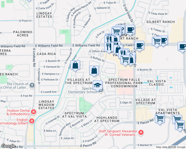map of restaurants, bars, coffee shops, grocery stores, and more near 1305 East Vermont Drive in Gilbert