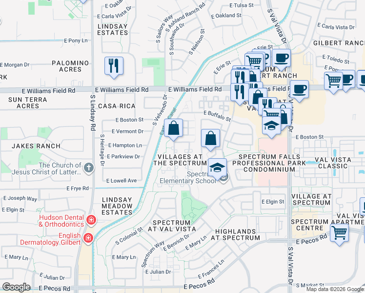 map of restaurants, bars, coffee shops, grocery stores, and more near 1165 East Canyon Creek Drive in Gilbert