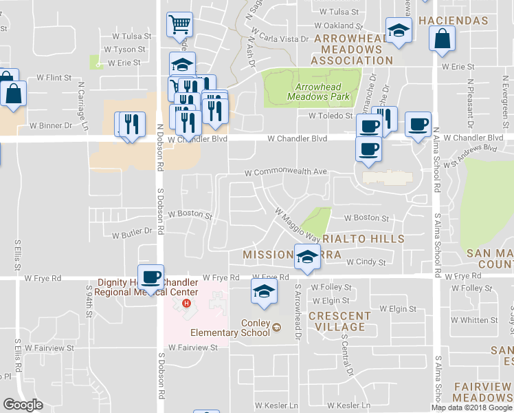 map of restaurants, bars, coffee shops, grocery stores, and more near 31 South Ash Drive in Chandler