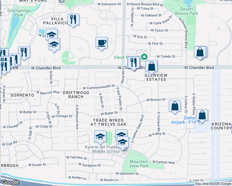 map of restaurants, bars, coffee shops, grocery stores, and more near 5066 West Mercury Way in Chandler