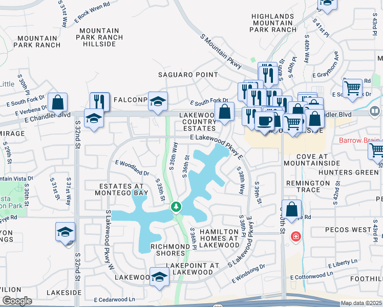 map of restaurants, bars, coffee shops, grocery stores, and more near 3601 East Brookwood Court in Phoenix