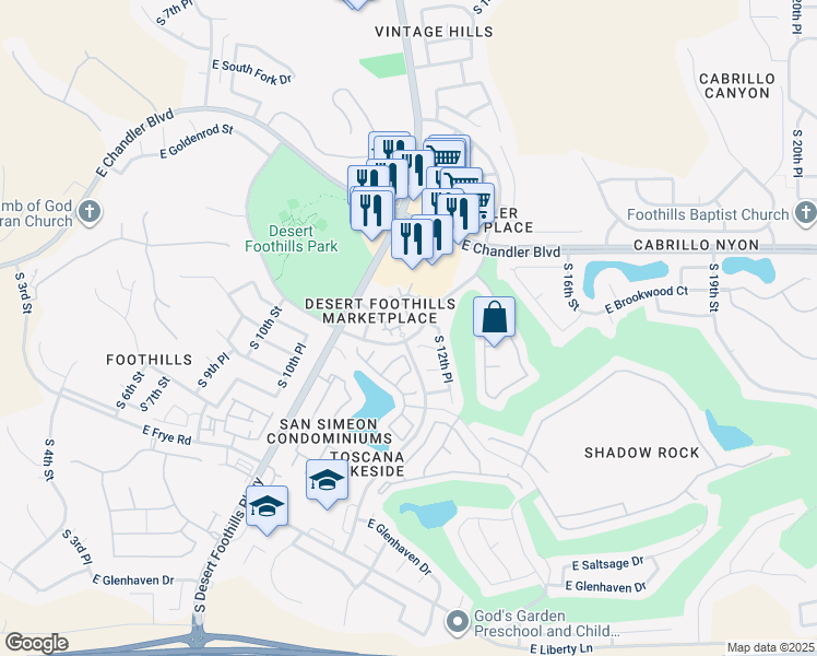 map of restaurants, bars, coffee shops, grocery stores, and more near 15833 South 11th Way in Phoenix