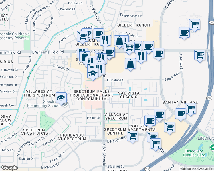 map of restaurants, bars, coffee shops, grocery stores, and more near 2618 South Harmony Avenue in Gilbert