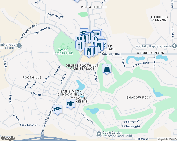 map of restaurants, bars, coffee shops, grocery stores, and more near 15833 South 11th Way in Phoenix
