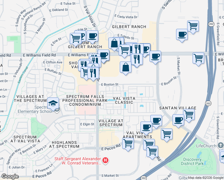 map of restaurants, bars, coffee shops, grocery stores, and more near 2620 South Alpine Drive in Gilbert