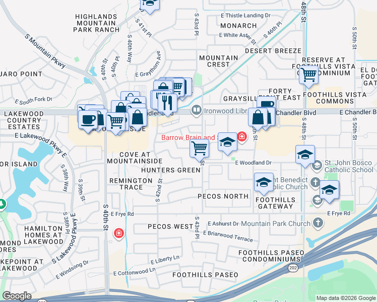 map of restaurants, bars, coffee shops, grocery stores, and more near 4333 East Brookwood Court in Phoenix