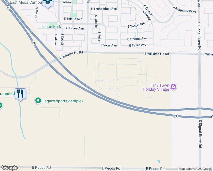 map of restaurants, bars, coffee shops, grocery stores, and more near Williams Field Road in Mesa