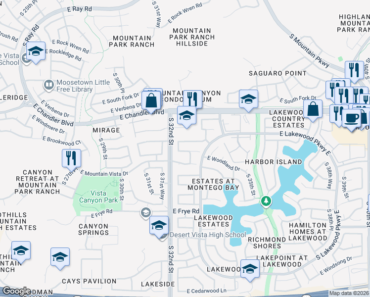 map of restaurants, bars, coffee shops, grocery stores, and more near 3307 East Brookwood Court in Phoenix