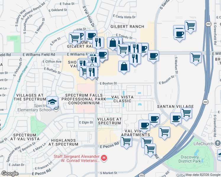 map of restaurants, bars, coffee shops, grocery stores, and more near 2620 South Alpine Drive in Gilbert