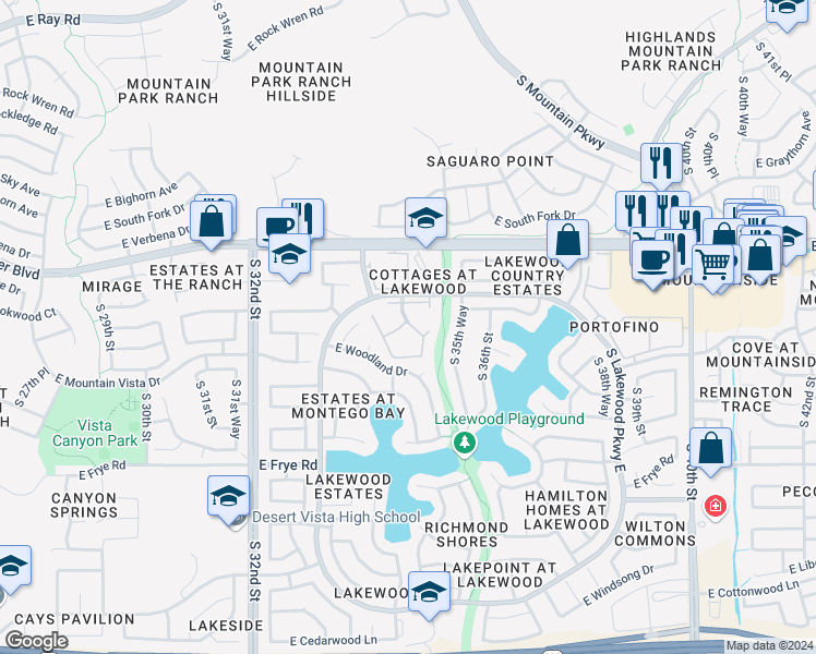 map of restaurants, bars, coffee shops, grocery stores, and more near 15815 South Lakewood Parkway West in Phoenix