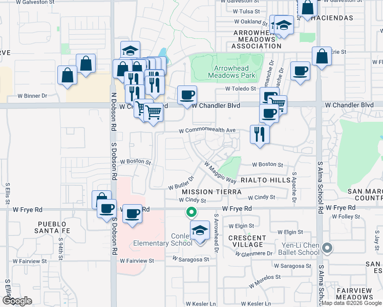 map of restaurants, bars, coffee shops, grocery stores, and more near 31 South Ash Drive in Chandler