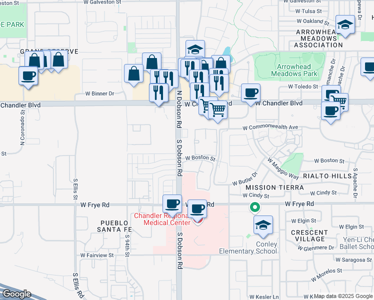 map of restaurants, bars, coffee shops, grocery stores, and more near 77 South Dobson Road in Chandler