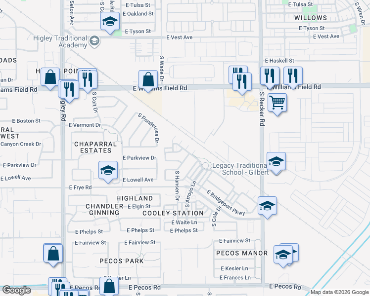map of restaurants, bars, coffee shops, grocery stores, and more near 3660 East Yeager Court in Gilbert