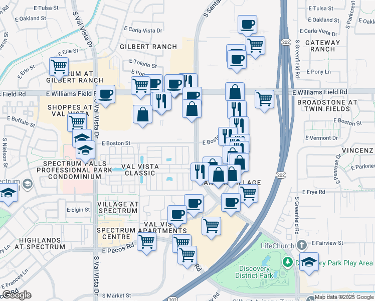 map of restaurants, bars, coffee shops, grocery stores, and more near 2625 South Peppertree Drive in Gilbert