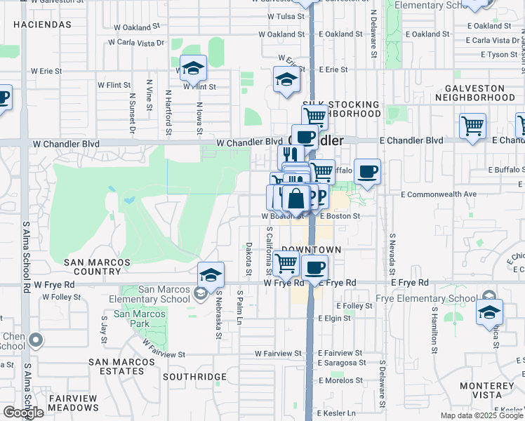 map of restaurants, bars, coffee shops, grocery stores, and more near 219 West Commonwealth Avenue in Chandler