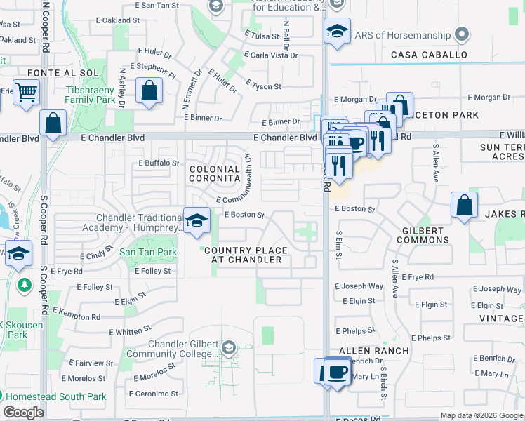 map of restaurants, bars, coffee shops, grocery stores, and more near 13406 East Boston Street in Chandler