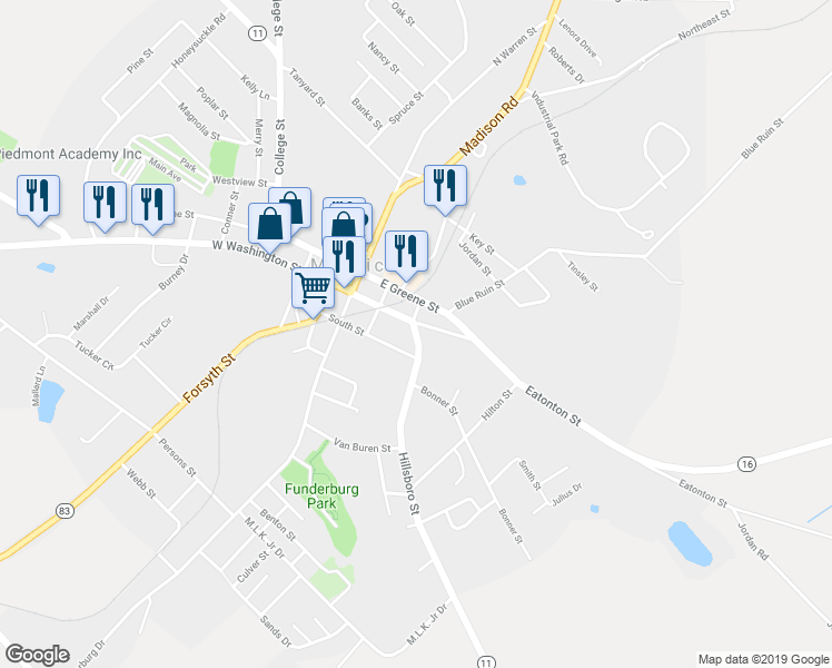 map of restaurants, bars, coffee shops, grocery stores, and more near 203 Macon Road in Monticello