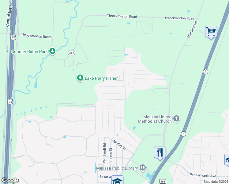 map of restaurants, bars, coffee shops, grocery stores, and more near 1211 Freestone Dr in Melissa