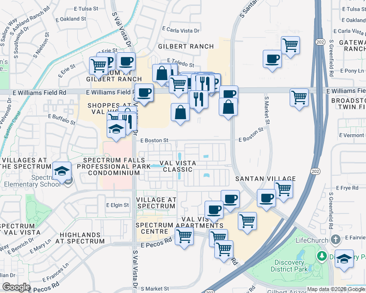 map of restaurants, bars, coffee shops, grocery stores, and more near 2703 South Rome Street in Gilbert