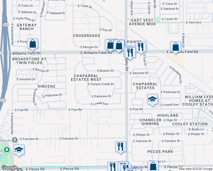 map of restaurants, bars, coffee shops, grocery stores, and more near 3058 East Canyon Creek Drive in Gilbert