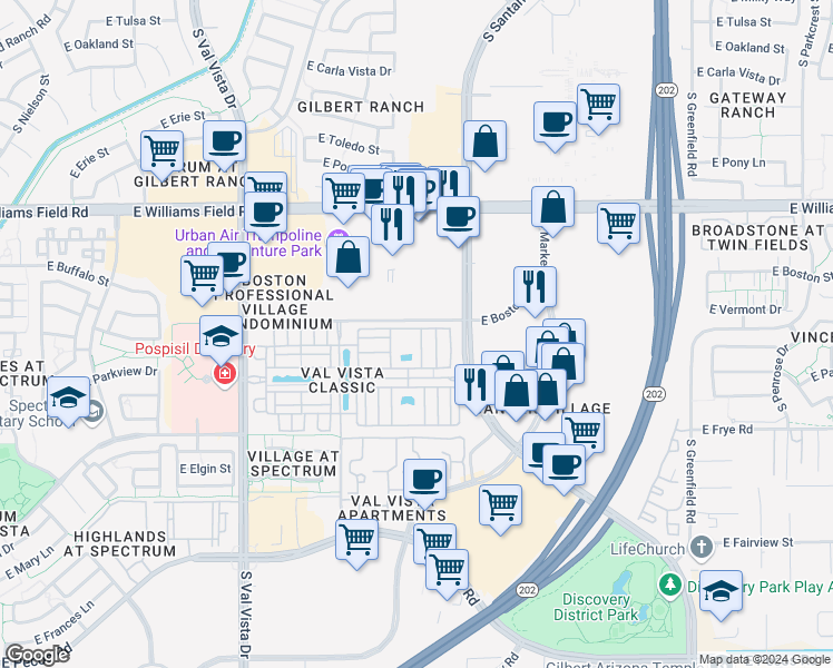 map of restaurants, bars, coffee shops, grocery stores, and more near East Vermont Drive in Gilbert