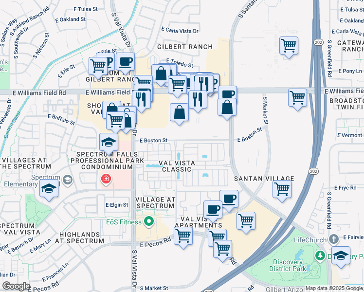map of restaurants, bars, coffee shops, grocery stores, and more near 2703 South Rome Street in Gilbert