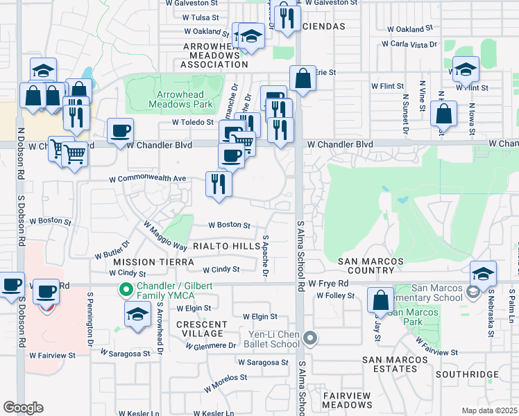 map of restaurants, bars, coffee shops, grocery stores, and more near 1111 West Parklane Boulevard in Chandler