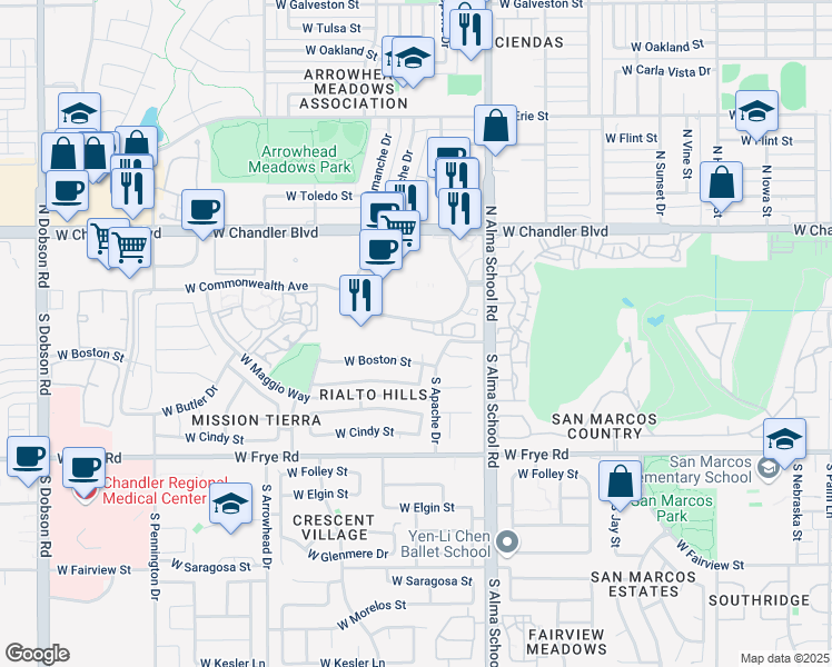 map of restaurants, bars, coffee shops, grocery stores, and more near 1283 West Parklane Boulevard in Chandler