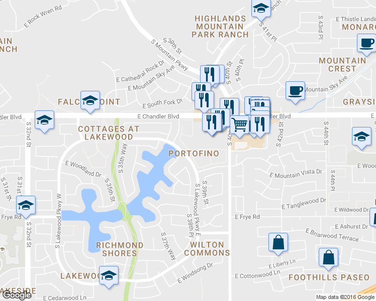 map of restaurants, bars, coffee shops, grocery stores, and more near 3830 East Lakewood Parkway East in Phoenix